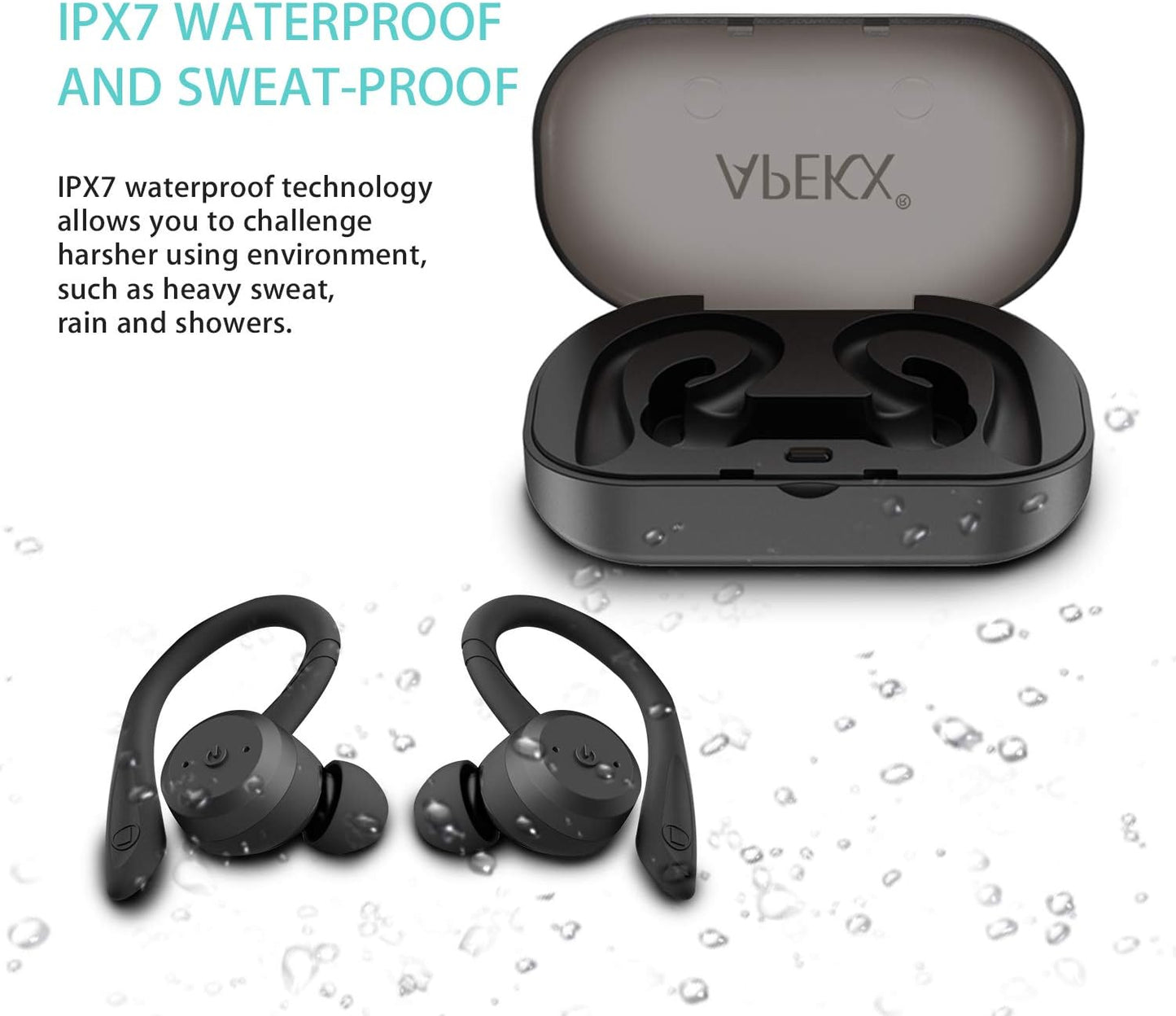 Wireless Headphones True Wireless Bluetooth 5.0 Sports Earbuds, IPX7 Waterproof Stereo Hifi Sound, Built-In Mic Earphones with Charging Case (Black)