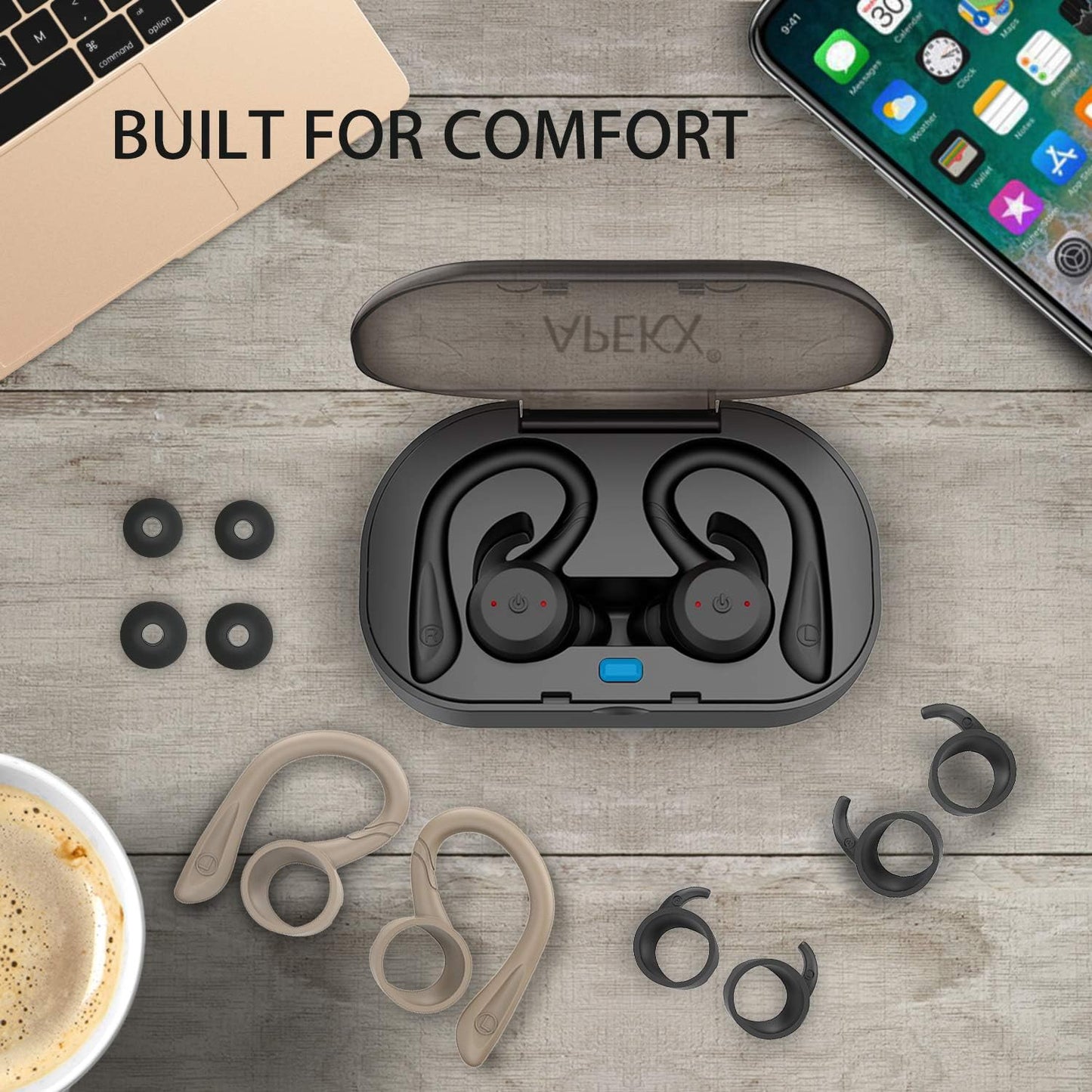 Wireless Headphones True Wireless Bluetooth 5.0 Sports Earbuds, IPX7 Waterproof Stereo Hifi Sound, Built-In Mic Earphones with Charging Case (Black)