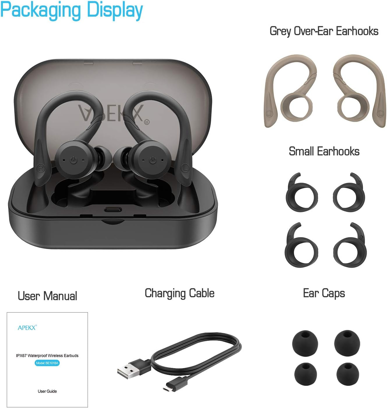 Wireless Headphones True Wireless Bluetooth 5.0 Sports Earbuds, IPX7 Waterproof Stereo Hifi Sound, Built-In Mic Earphones with Charging Case (Black)